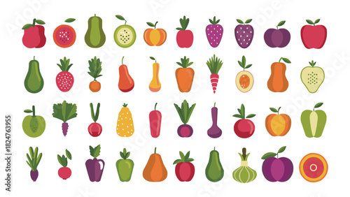 Colourful flat fruit and vegetable icon set with organic healthy produce including apples pears carrots peppers berries and roots for food illustration
