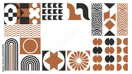 Abstract geometric frame composition black and brown modern pattern minimal retro shapes border vector for poster and layout