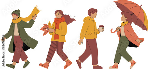 People Walking in Autumn Weather with Umbrella, Scarf and Fall Leaves Flat Vector Illustration Style