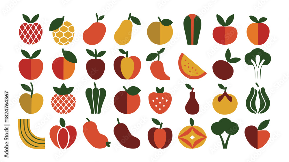 Obraz premium Flat fruit and vegetable icon set modern geometric food collection colorful minimal illustration for healthy lifestyle and design