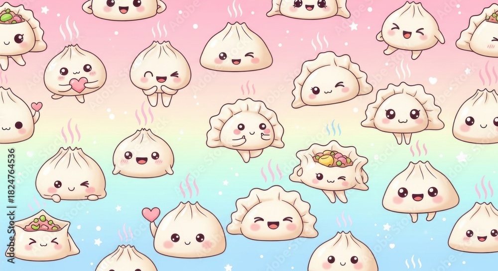 Fototapeta premium Adorable and Expressive Cartoon Dumplings with Cute Facial Features and Playful Personalities in a