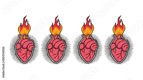 Burning anatomical heart illustration with flame and radiant outline symbolising passion emotion love and energy in bold tattoo style design