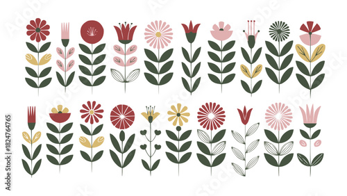 Folk floral illustration set with geometric flowers and green leaves in red pink and yellow tones for modern decorative vector design