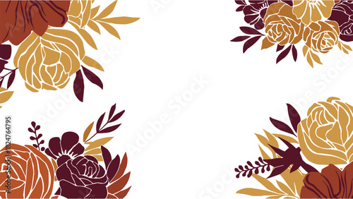 Elegant floral border with autumn rose arrangement in warm earthy colours on white background for wedding or invitation template design