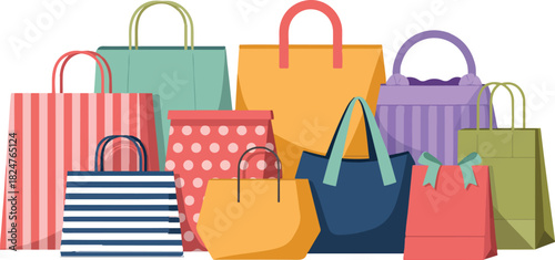 Pile of Various Colorful Shopping Bags With Handles on Background Vector Flat Design Illustration Style for Retail Business Design