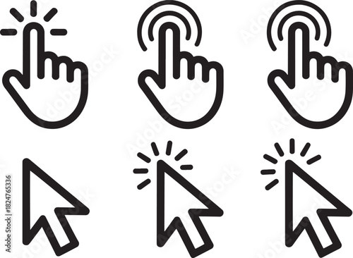 Set of six cursor icons with finger and arrow pointers on white background hand
