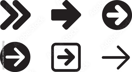 Six black arrow icons in different styles on a white background Keywords: arrow, icon, symbol