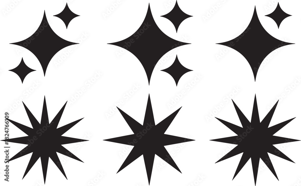 Fototapeta premium Six Black Starburst And Sparkle Icons On White Background shine glitter
