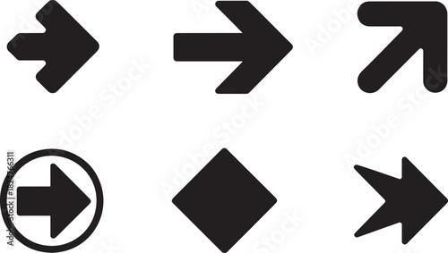 Six different black arrow icons on a white background with transparent background symbol graphic