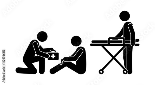 Stickman First Aid Assistance and Emergency Treatment Vector Illustration.