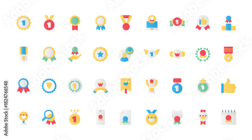 Abstract award symbols for premium product quality, success and competition or contest win, classic prize medallions collection. Medals for winners flat icons set vector illustration.