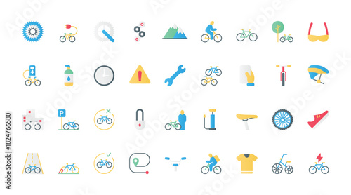 Cyclists gears and electric or mountain bike elements, mobile tracker for bicycle sharing and rental. Bike shop, repair service and rent flat icons set vector illustration.