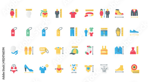 Tailors guide charts, human body parts and head to measure size of dress and shirt, chest and neck, waist and hip circumference. Apparel and shoe size flat icons set vector illustration.