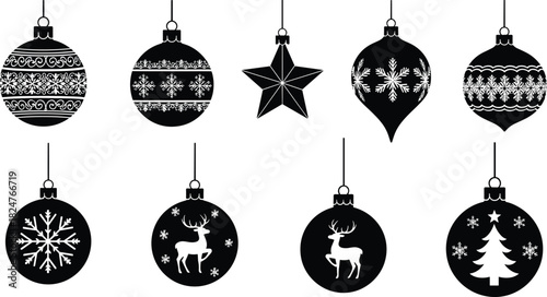 Christmas ornament vector collection featuring baubles, stars, snowflakes, reindeer and tree designs, festive holiday hanging decorations