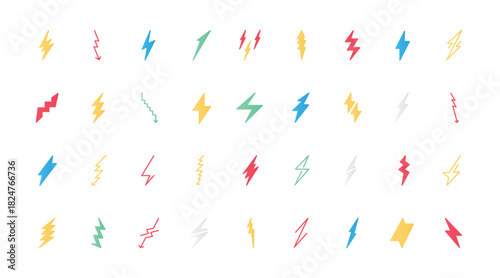 Lightning bolts flat icons set vector illustration. Symbols of electric energy and power, electricity danger with different thunderbolts, simple web signs and arrows of zigzag shape.