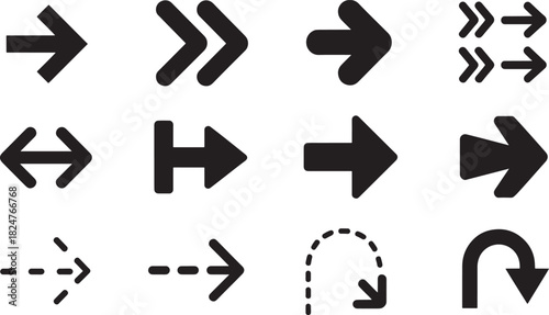 Twelve black arrow icons and directional symbols on white background navigation