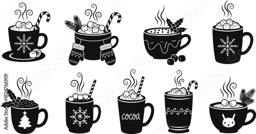 Cozy winter hot cocoa mugs with marshmallows, candy canes, holiday decorations, steaming drinks, festive cups and Christmas elements