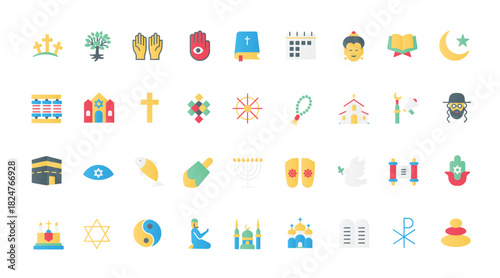 World religions flat icons set vector illustration. Symbols, holy books, and temples of Buddhism and Christianity, Islam, and Judaism, religious pictograms collection for praying.