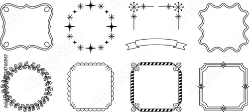 Decorative frame border collection with stars, ribbon banner, floral wreaths, vintage outline shapes, square labels and circle designs