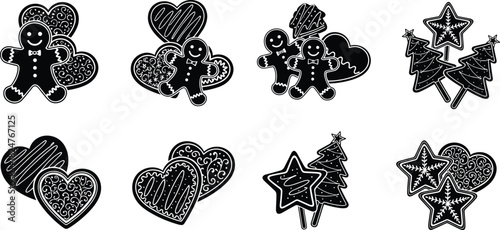 Gingerbread cookie set with hearts, stars, Christmas tree biscuits, festive holiday sweets, decorative winter treats, cute seasonal design