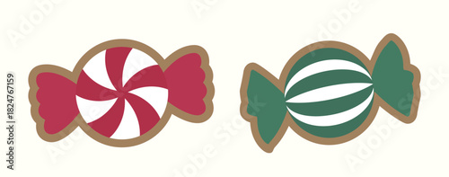 Red and green candy-shaped gingerbread cookies clipart set.
Winter Christmas party cookies.
Flat vector illustration.
White background.