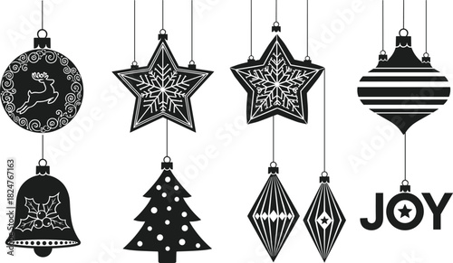 Hanging Christmas ornaments, star decorations, festive baubles, reindeer design, holiday tree ornament, winter bell decor, joyful seasonal illustration