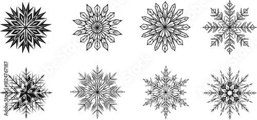 Intricate snowflake vector collection featuring detailed winter ice crystal designs, symmetrical frozen patterns, decorative seasonal elements for Christmas