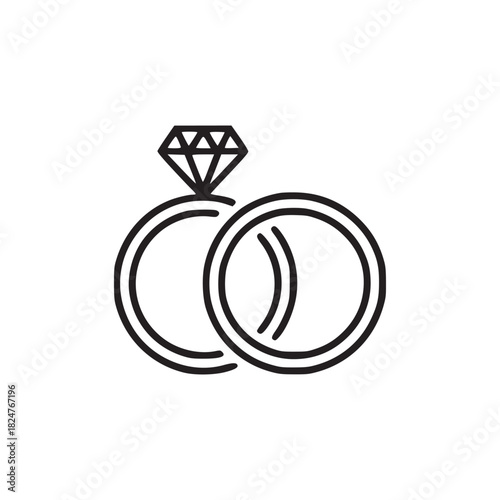 Two wedding rings intertwined with a diamond on one ring in a minimalist line art style design