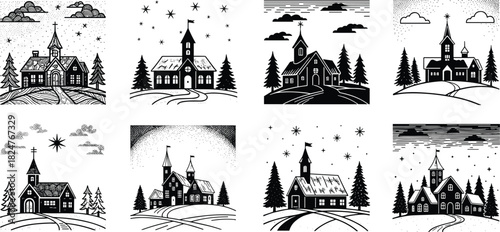 Vintage winter church village vector set featuring snowy landscapes, starry skies, pine trees, holiday scenery and seasonal designs