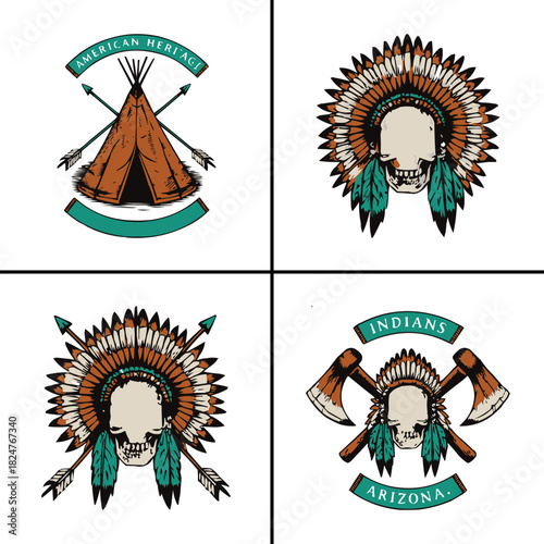 Native American heritage badge set with teepee arrows skull headdress tomahawk and tribal elements in vintage style