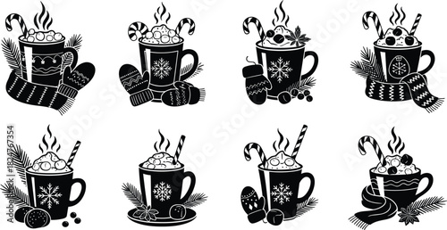 Winter hot cocoa mugs, festive holiday drinks with marshmallows, candy canes, fruit, pine branches, cozy seasonal beverage illustrations