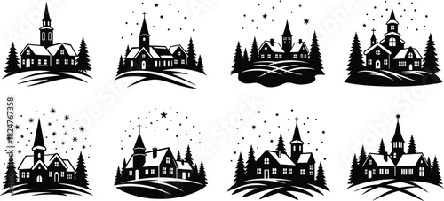 Winter church village vector set featuring snowy holiday landscapes, pine trees, starry skies, Christmas scenery and festive designs