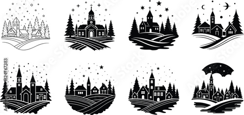 Winter village church vector set featuring snowy landscapes, pine trees, starry skies, Christmas night scenes, festive holiday designs