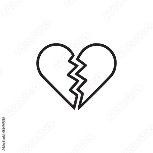 A minimalist black outline drawing of a broken heart centered on a white background in simple style