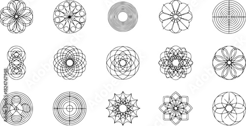 Vector art of a series of geometric line art icons featuring abstract circles, decorative patterns, and minimalist designs for modern graphics, isolated on white background