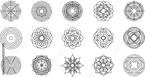 Vector art of a series of geometric line art icons featuring abstract circles, decorative patterns, and minimalist designs for modern graphics, isolated on white background