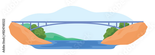 Vector artwork of a scenic bridge spanning a tranquil river, surrounded by lush greenery and gentle hills