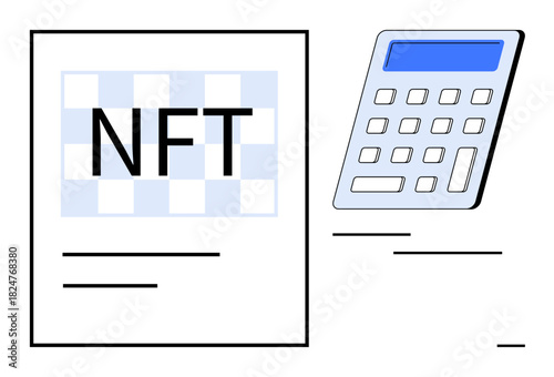 NFT document with grid background next to a digital calculator. Ideal for finance, blockchain, technology, investment, cryptocurrency, digital assets, and analytics. Clean flat metaphor