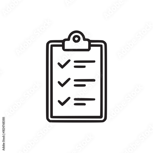 Isolated clipboard icon with check marks and lines on white background in simple minimalist style