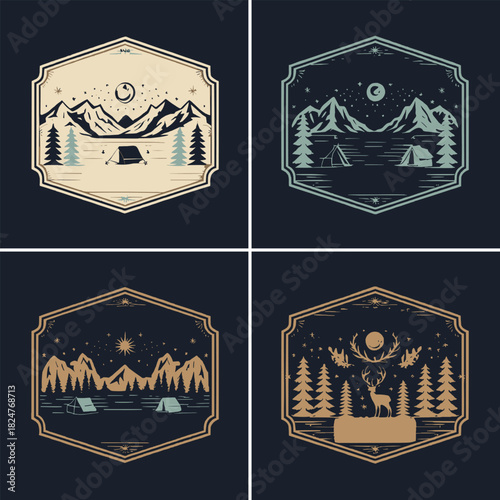 Vintage night camping badge set with mountains forest tents moon and wildlife in retro outdoor style