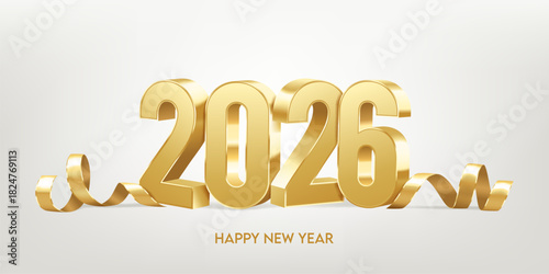 Happy New Year 2026. Golden 3D numbers with ribbons and confetti on a white background. Holiday greeting card design.