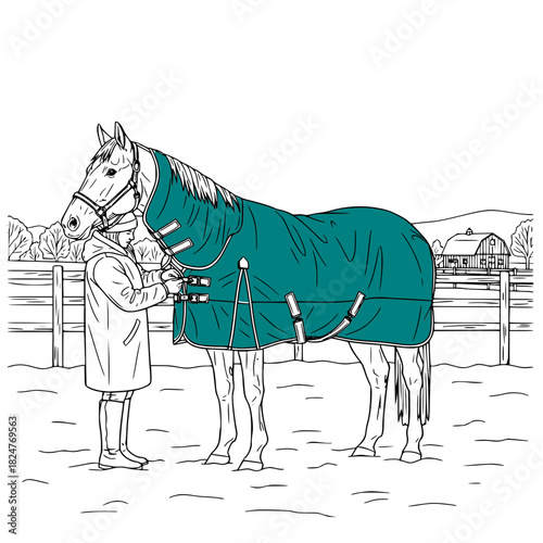 Person putting blanket on horse in pasture with barn in background - horse with winter blanket