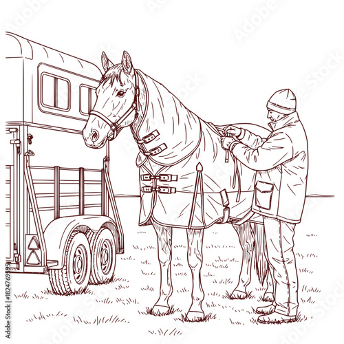 Man dressing horse in blanket near horse trailer outdoors  - horse with winter blanket