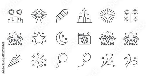 Set of festive celebration line art icons