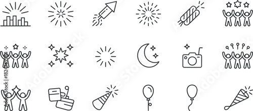 Collection of celebration outline icons on transparent backdrop