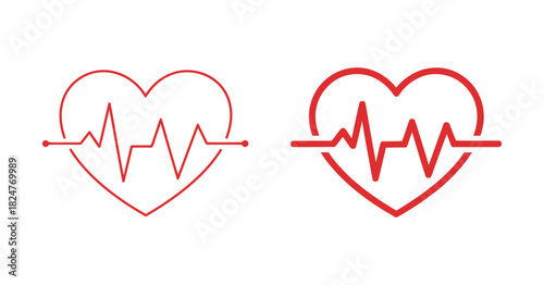 Set of Red Heartbeat Line Icon Variations on White Background