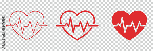 Set of Red Heartbeat Icon Variations on Transparent Background