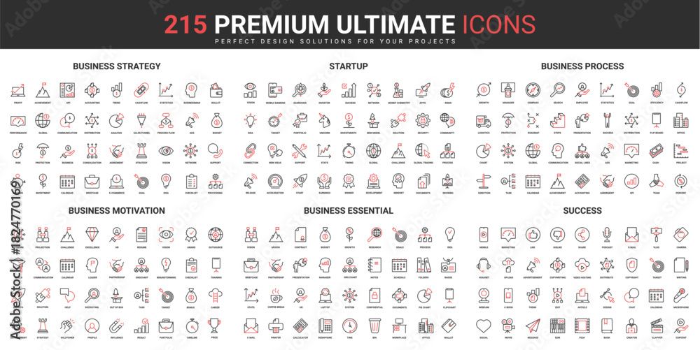 Αυτοκόλλητο Business strategy thin line red black icons set vector illustration