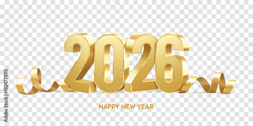 Happy New Year 2026. Golden 3D numbers with ribbons and confetti, isolated on transparent background. Holiday greeting card design.