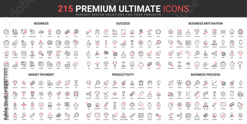 Business success thin line red black icons set vector illustration. Abstract symbols of business processes organization and productivity of employees, money payment simple design for mobile, web apps